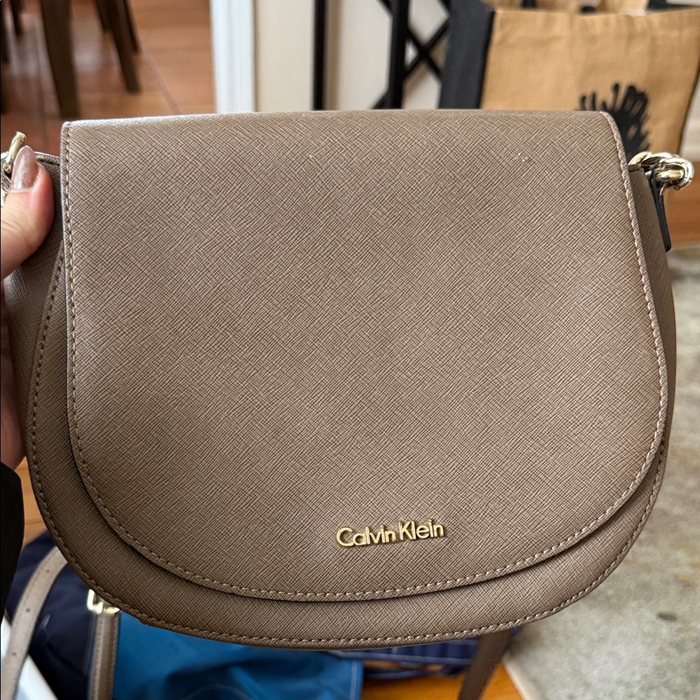 Calvin Klein Taupe Saddle Crossbody with Gold Logo